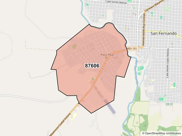Mapa del código postal 87606, San Fernando, Tamaulipas
