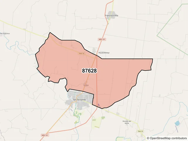 Mapa del código postal 87628, San Fernando, Tamaulipas