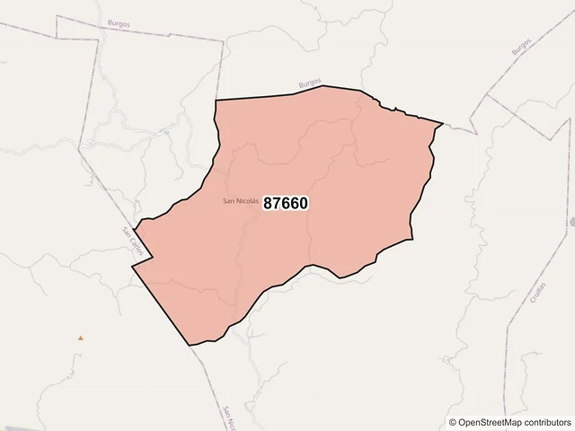 Mapa del código postal 87660, San Nicolás, Tamaulipas