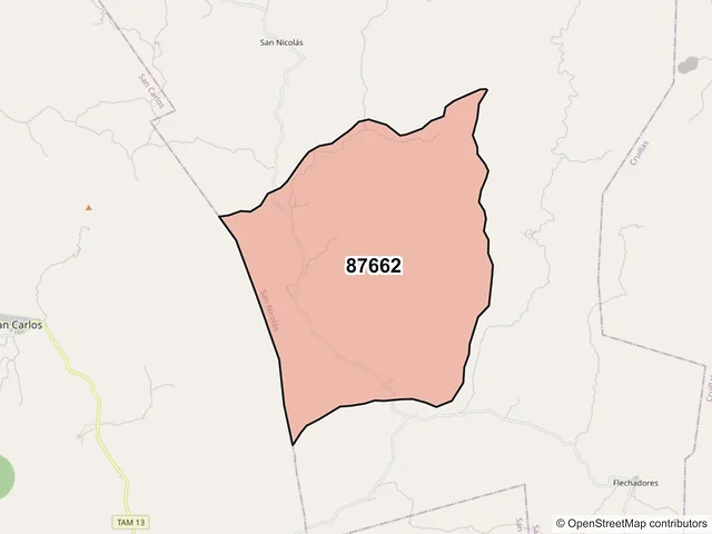 Mapa del código postal 87662, San Nicolás, Tamaulipas