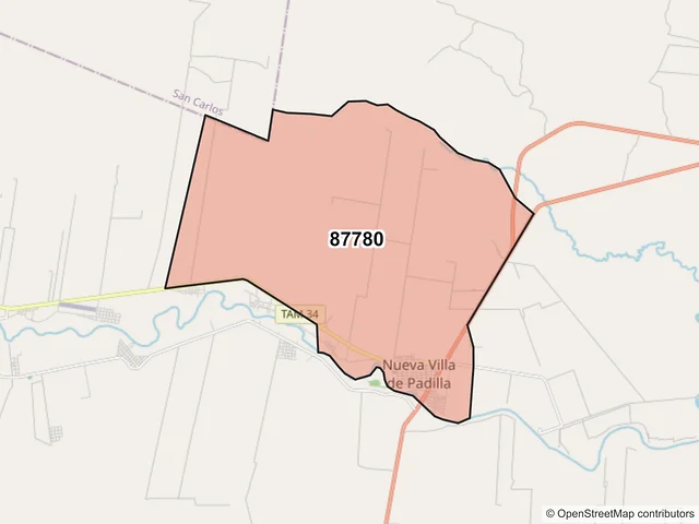 Mapa del código postal 87780, Padilla, Tamaulipas