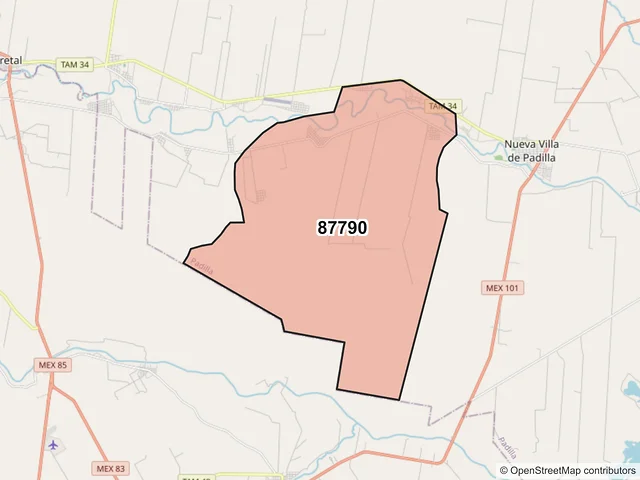 Mapa del código postal 87790, Padilla, Tamaulipas