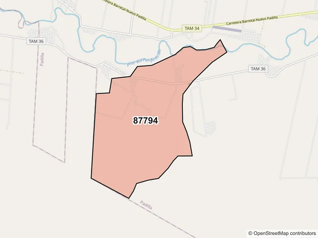 Mapa del código postal 87794, Padilla, Tamaulipas