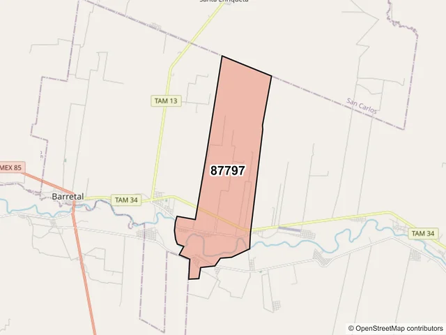 Mapa del código postal 87797, Padilla, Tamaulipas