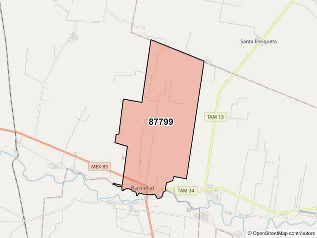 Mapa del código postal 87799, Padilla, Tamaulipas