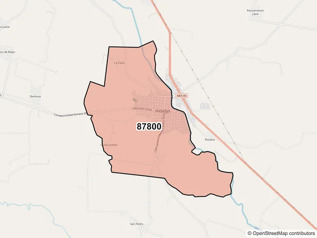 Mapa del código postal 87800, Hidalgo, Tamaulipas