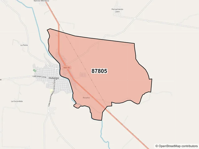 Mapa del código postal 87805, Hidalgo, Tamaulipas