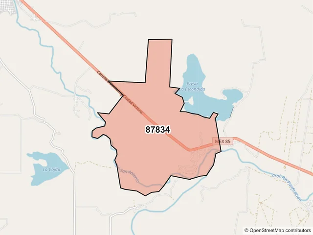 Mapa del código postal 87834, Hidalgo, Tamaulipas