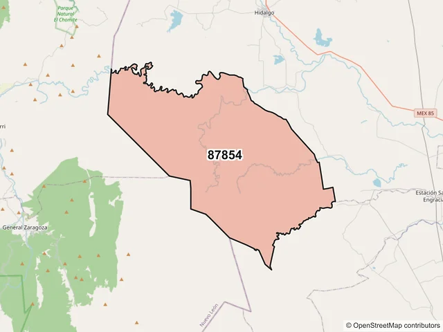 Mapa del código postal 87854, Hidalgo, Tamaulipas