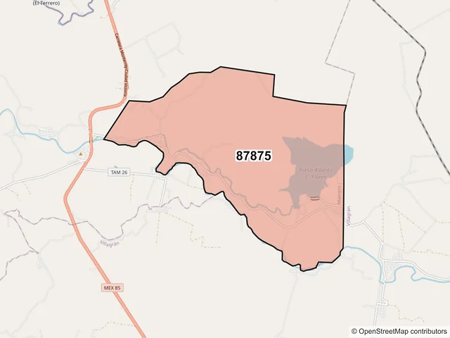 Mapa del código postal 87875, Mainero, Tamaulipas