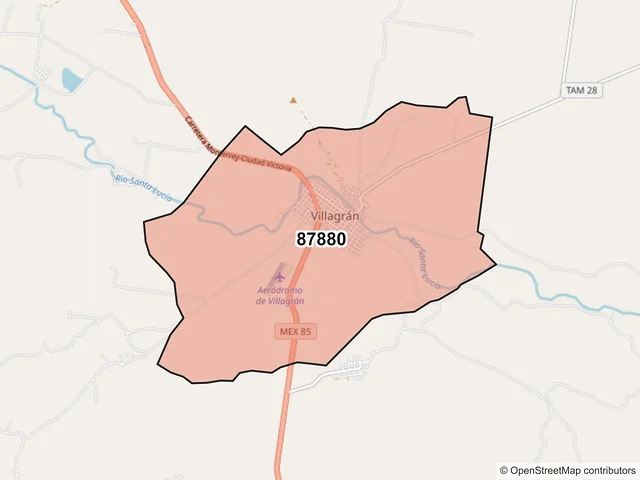Mapa del código postal 87880, Villagrán, Tamaulipas
