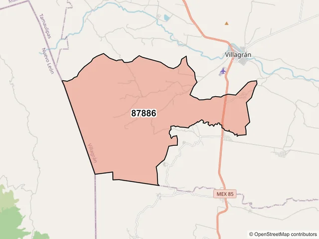 Mapa del código postal 87886, Villagrán, Tamaulipas