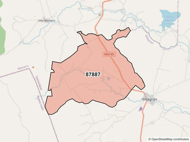 Mapa del código postal 87887, Villagrán, Tamaulipas