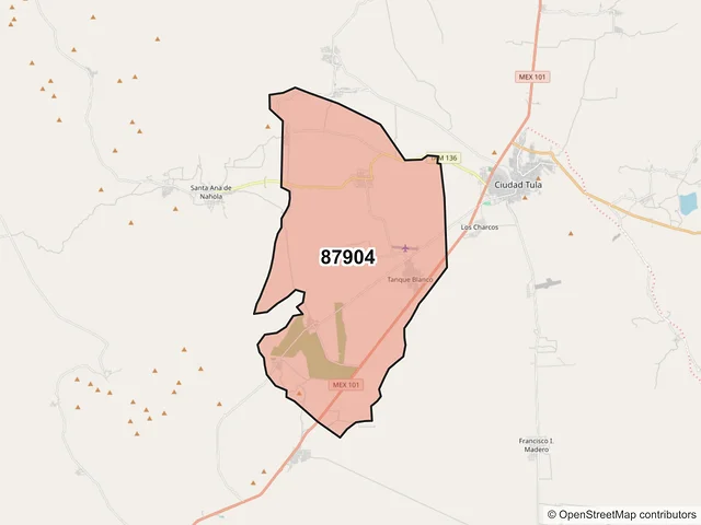 Mapa del código postal 87904, Tula, Tamaulipas