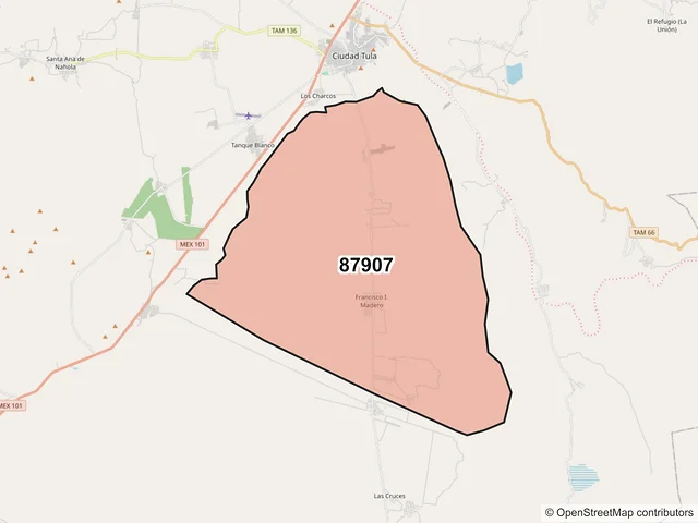 Mapa del código postal 87907, Tula, Tamaulipas
