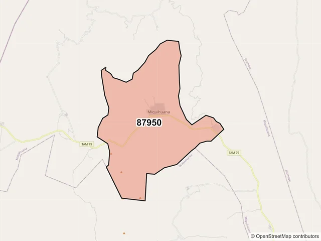 Mapa del código postal 87950, Miquihuana, Tamaulipas