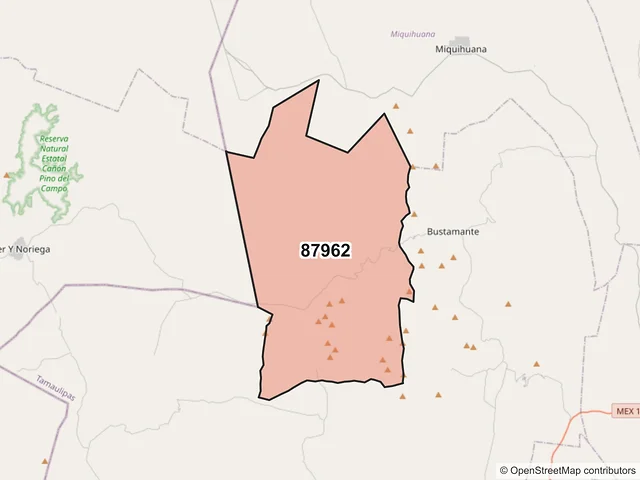 Mapa del código postal 87962, Bustamante, Tamaulipas