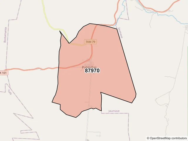 Mapa del código postal 87970, Palmillas, Tamaulipas