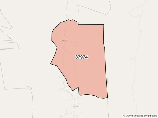 Mapa del código postal 87974, Palmillas, Tamaulipas