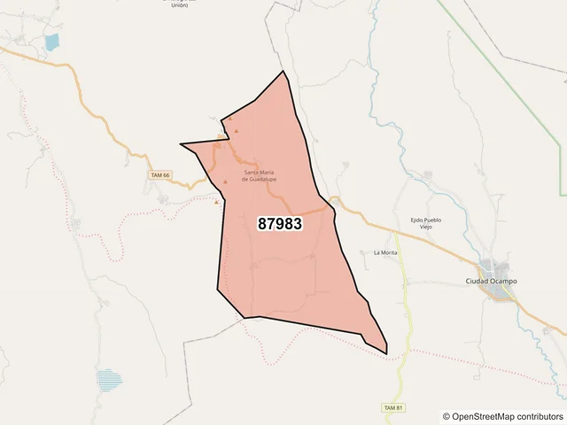 Mapa del código postal 87983, Ocampo, Tamaulipas