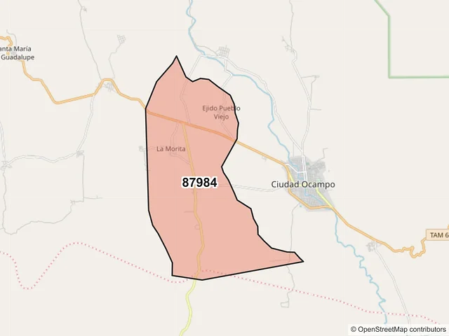 Mapa del código postal 87984, Ocampo, Tamaulipas