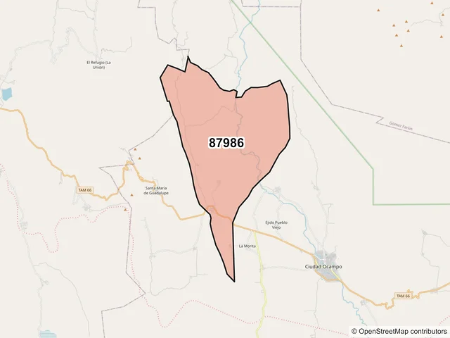 Mapa del código postal 87986, Ocampo, Tamaulipas