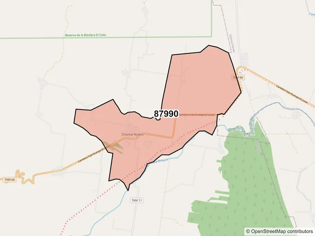 Mapa del código postal 87990, Ocampo, Tamaulipas