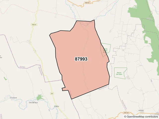 Mapa del código postal 87993, Ocampo, Tamaulipas