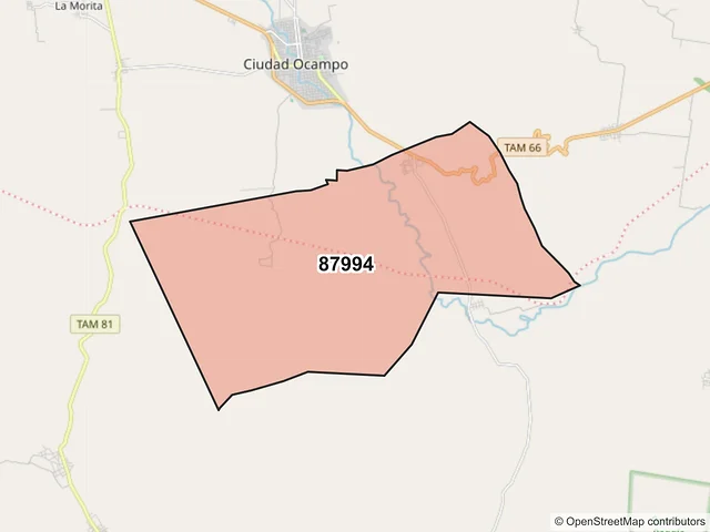 Mapa del código postal 87994, Ocampo, Tamaulipas