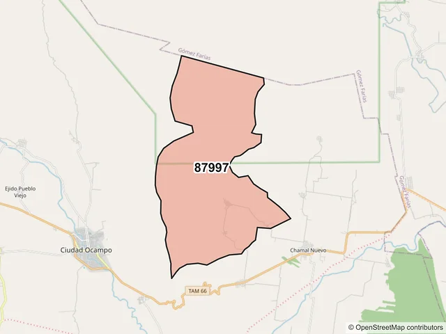 Mapa del código postal 87997, Ocampo, Tamaulipas