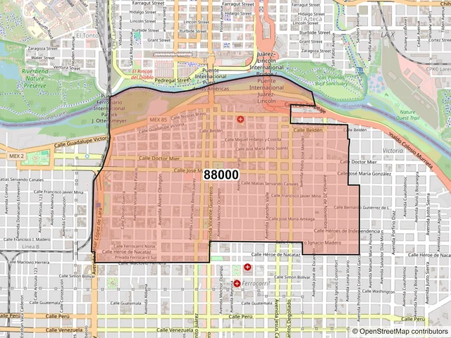 Mapa del código postal 88000, Nuevo Laredo, Tamaulipas
