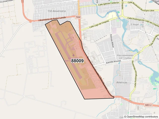 Mapa del código postal 88009, Nuevo Laredo, Tamaulipas
