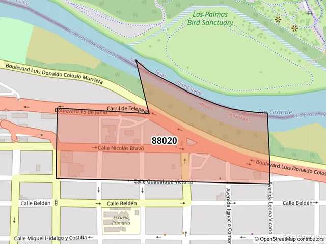 Mapa del código postal 88020, Nuevo Laredo, Tamaulipas