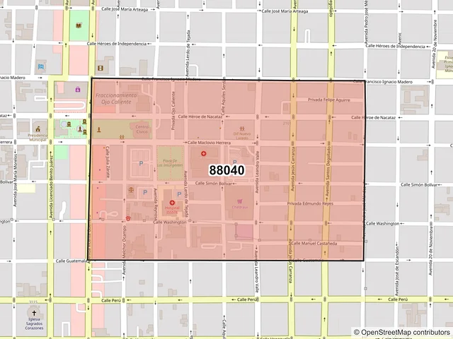 Mapa del código postal 88040, Nuevo Laredo, Tamaulipas