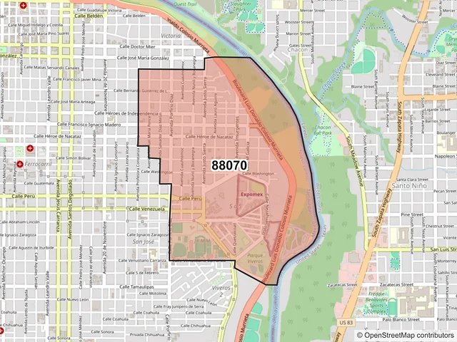 Mapa del código postal 88070, Nuevo Laredo, Tamaulipas