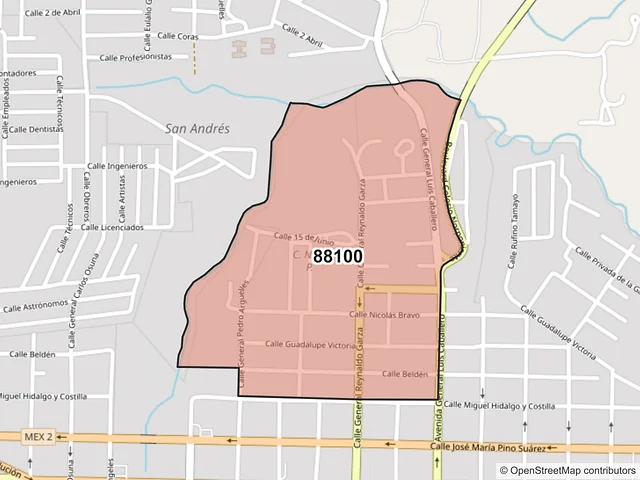 Mapa del código postal 88100, Nuevo Laredo, Tamaulipas