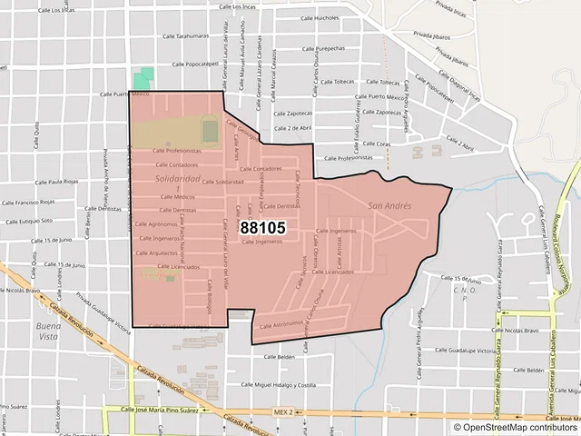 Mapa del código postal 88105, Nuevo Laredo, Tamaulipas