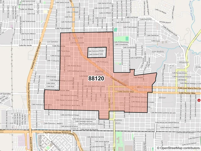 Mapa del código postal 88120, Nuevo Laredo, Tamaulipas