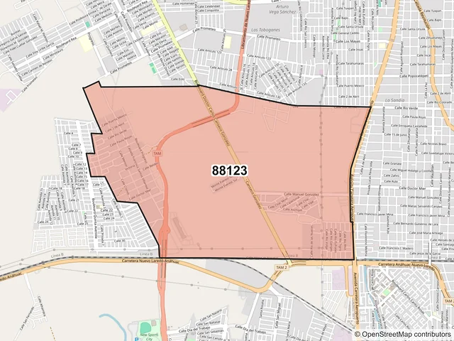 Mapa del código postal 88123, Nuevo Laredo, Tamaulipas