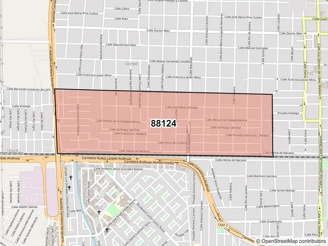 Mapa del código postal 88124, Nuevo Laredo, Tamaulipas