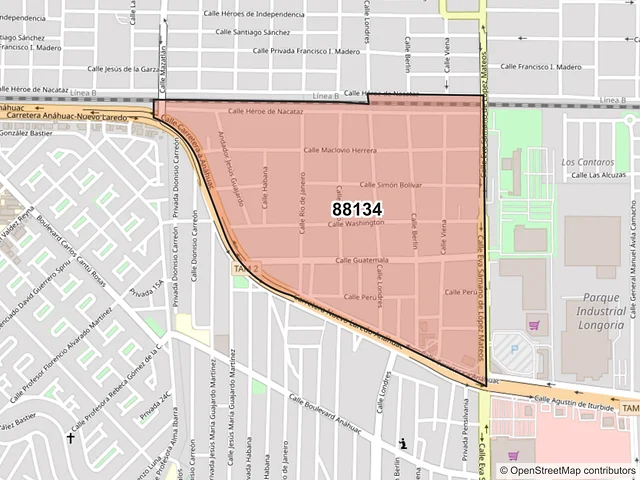 Mapa del código postal 88134, Nuevo Laredo, Tamaulipas
