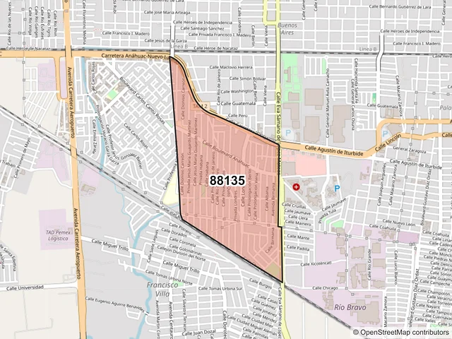 Mapa del código postal 88135, Nuevo Laredo, Tamaulipas