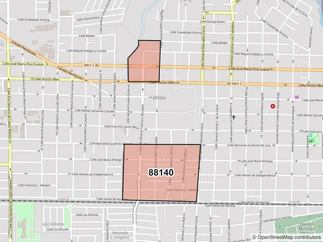 Mapa del código postal 88140, Nuevo Laredo, Tamaulipas