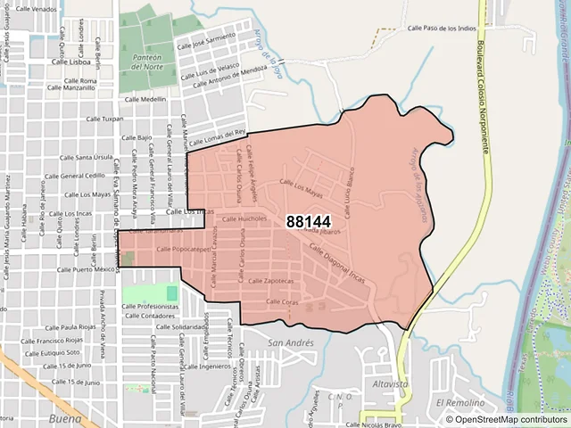 Mapa del código postal 88144, Nuevo Laredo, Tamaulipas