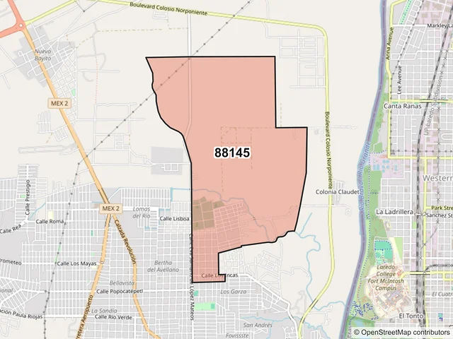 Mapa del código postal 88145, Nuevo Laredo, Tamaulipas
