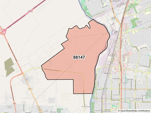 Mapa del código postal 88147, Nuevo Laredo, Tamaulipas