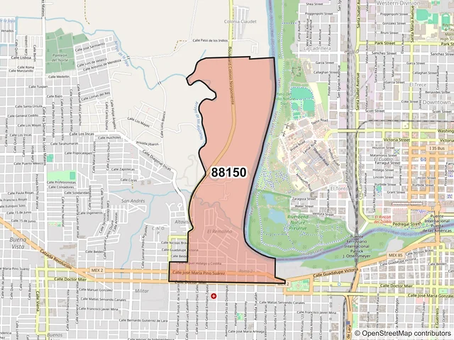 Mapa del código postal 88150, Nuevo Laredo, Tamaulipas