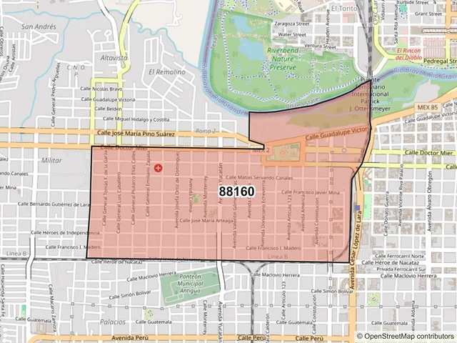 Mapa del código postal 88160, Nuevo Laredo, Tamaulipas