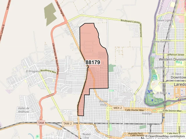 Mapa del código postal 88179, Nuevo Laredo, Tamaulipas