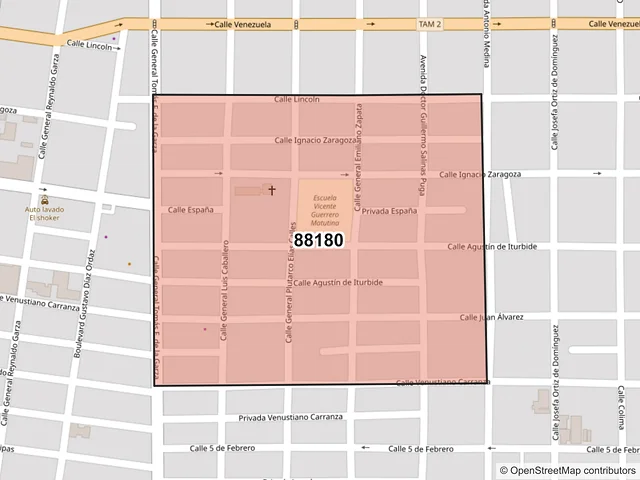 Mapa del código postal 88180, Nuevo Laredo, Tamaulipas
